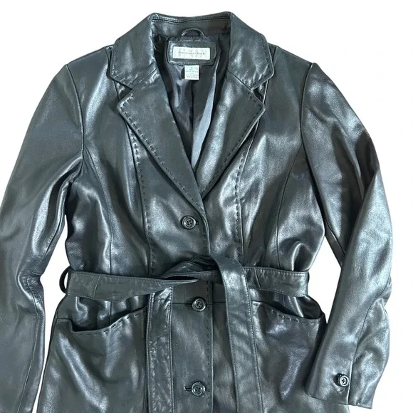 Vintage Preston & York Black Soft Leather‎ Long Trench Jacket Women's Medium - Picture 2 of 7
